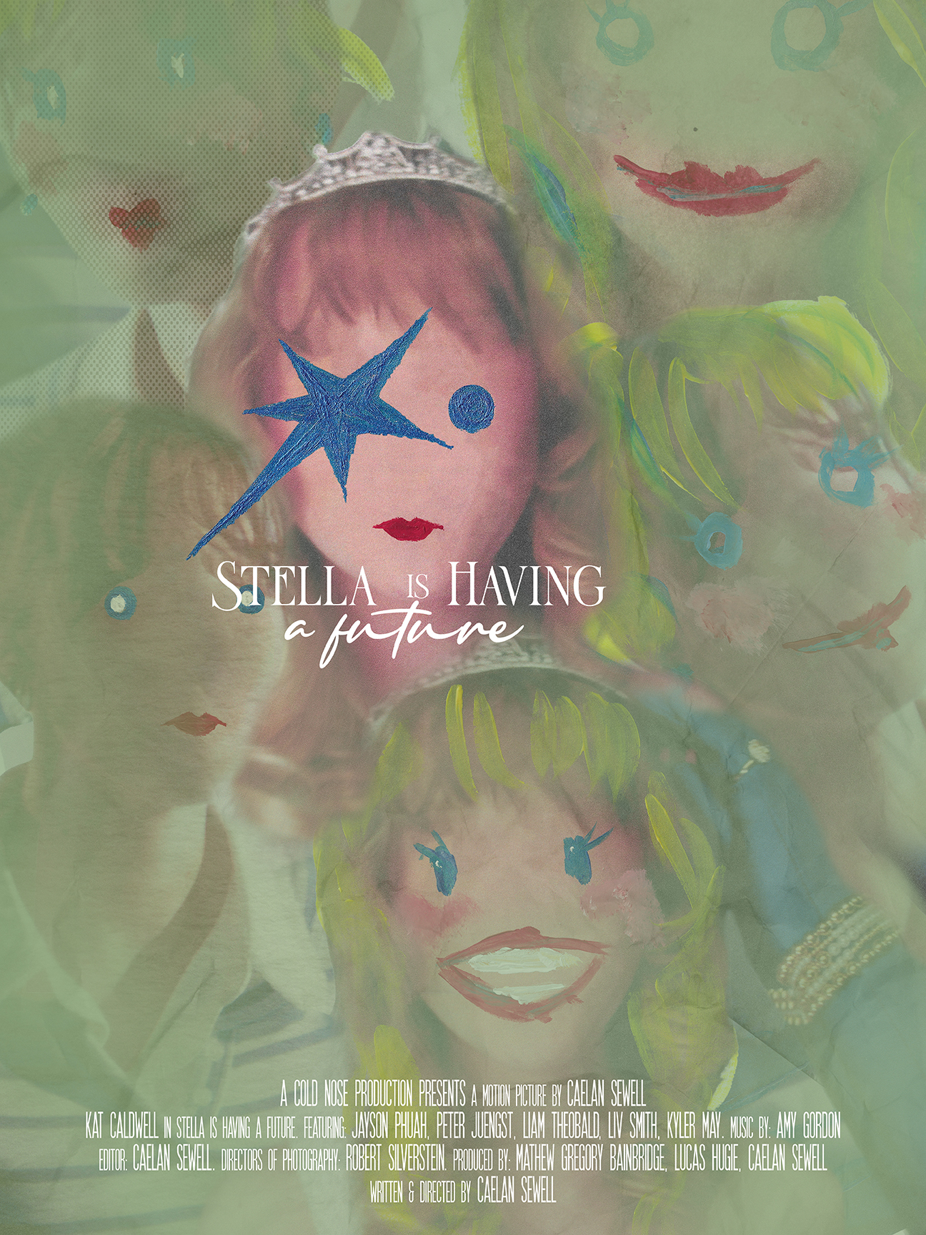 Stylized digital illustration of a young person named Stella with pink hair and large expressive eyes, featuring a celestial theme with star-shaped overlays and the handwritten text "Stella is Having a Future" in a dreamy teal and pink color palette.
